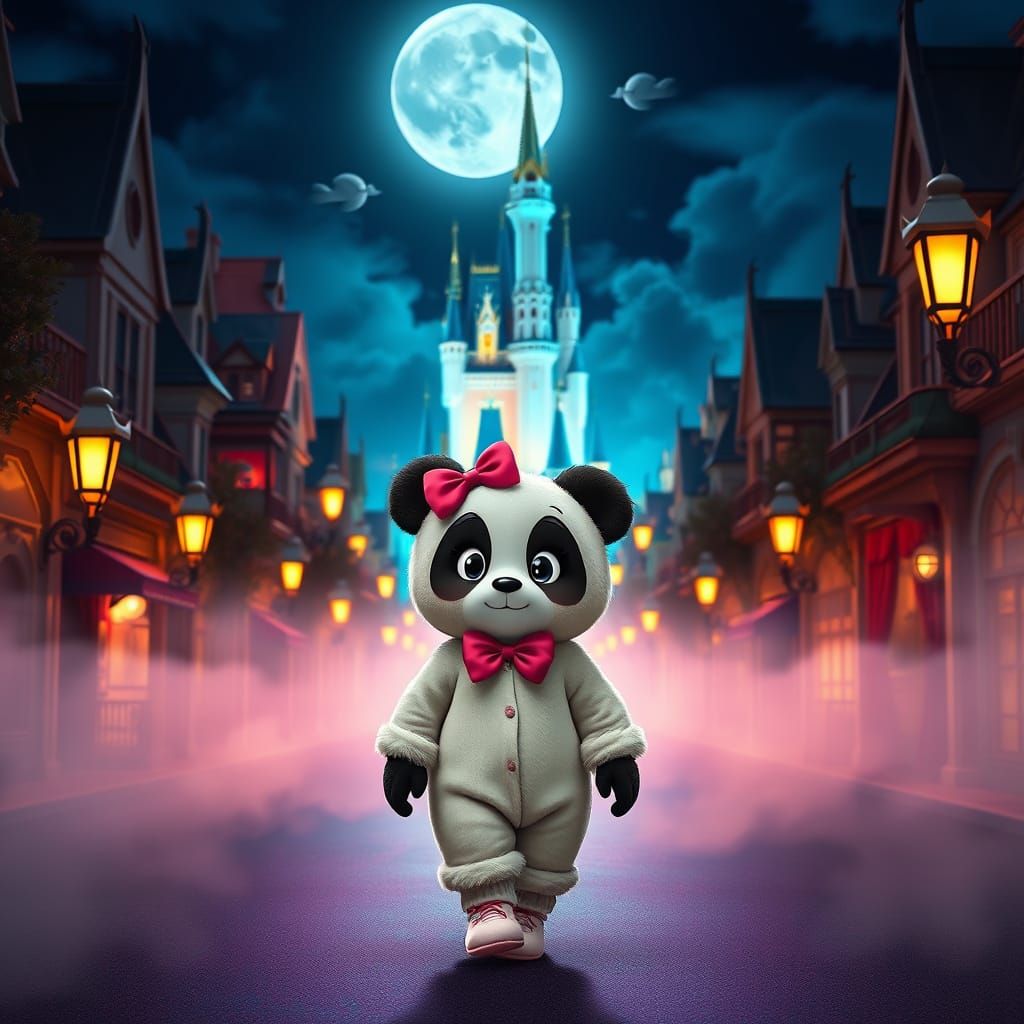 Whimsical Nighttime Scene of a Panda Bear in Disney Land