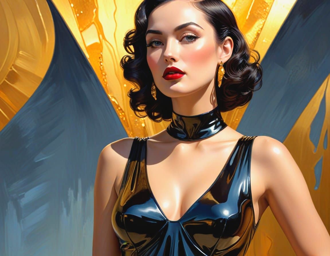 Brunette in Art Deco Latex Dress as Impasto Painting