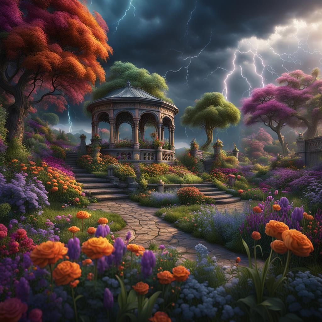 Colorful Garden Against Stormclouds: Fantasy Concept Art