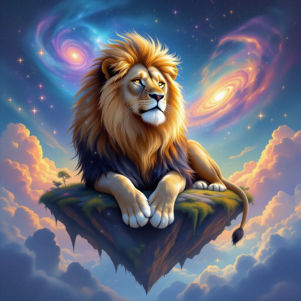 Cosmic Lion on Floating Island, Digital Painting