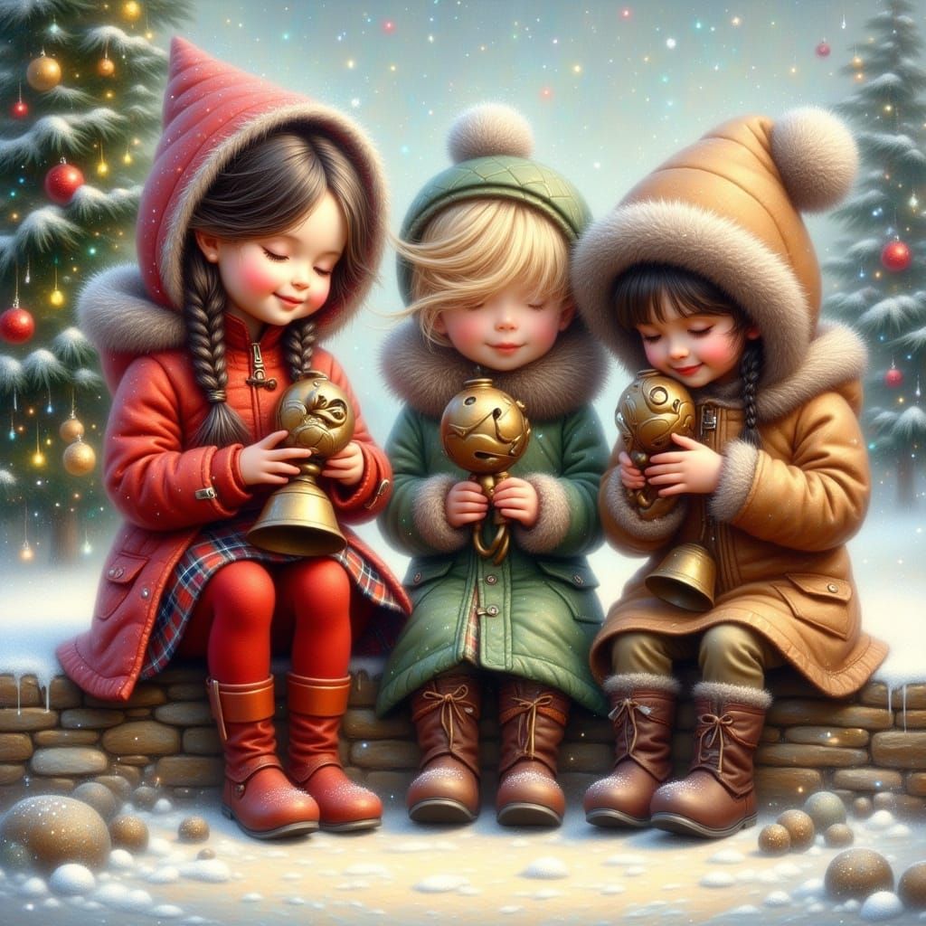 Children Play Brass Hand Bells in Falling Snow