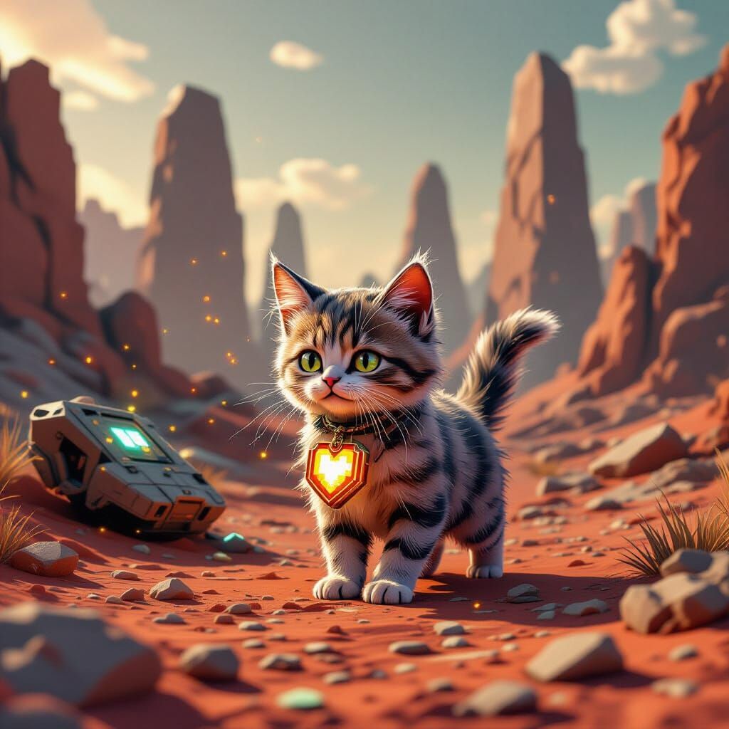 Scruffy Cat Navigates Alien Ruins in Low-Poly Style