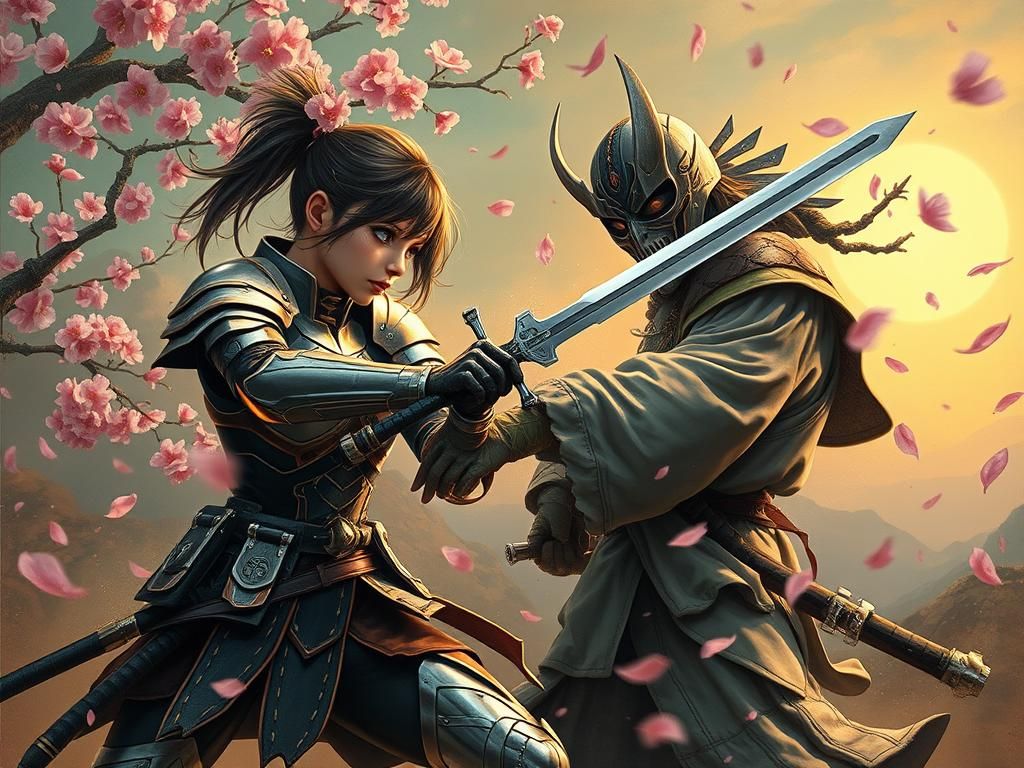 Cyberpunk Girl vs Samurai in Surreal Landscape