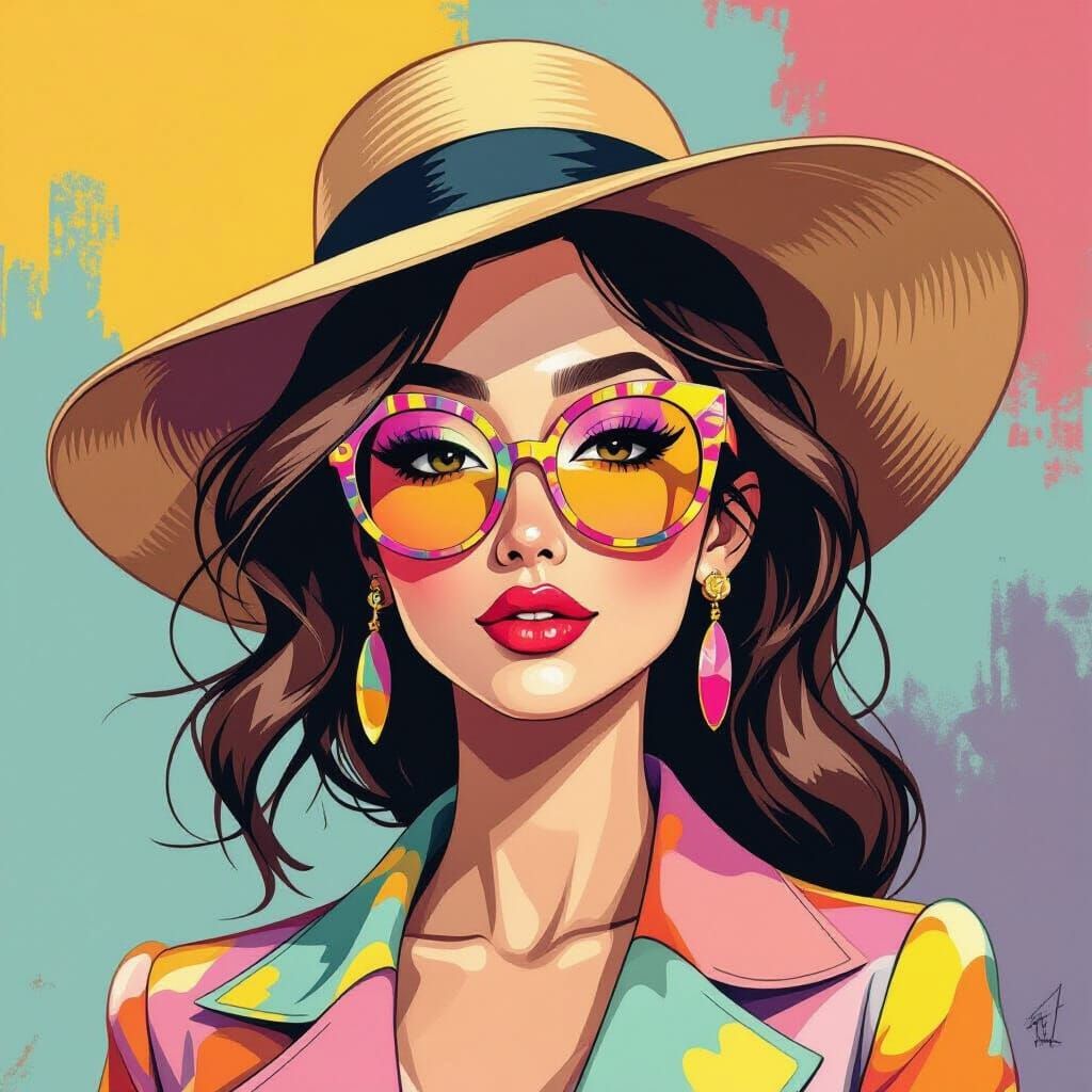 Abstract Portrait of a Woman in a Large Hat with Pink & Yell...