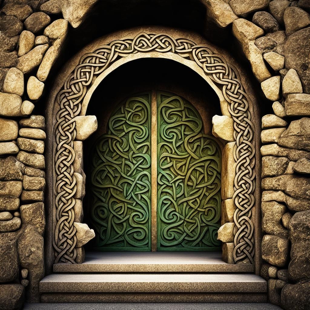 Colorful Celtic Knots Carved in Castle Archway