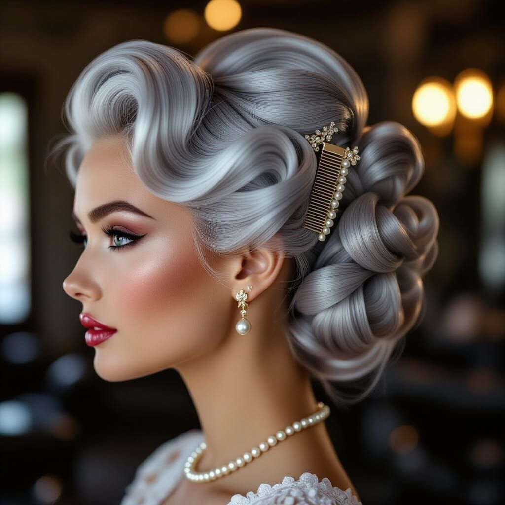 Voluminous Silver Hair Styled with Vintage Combs and Pearls
