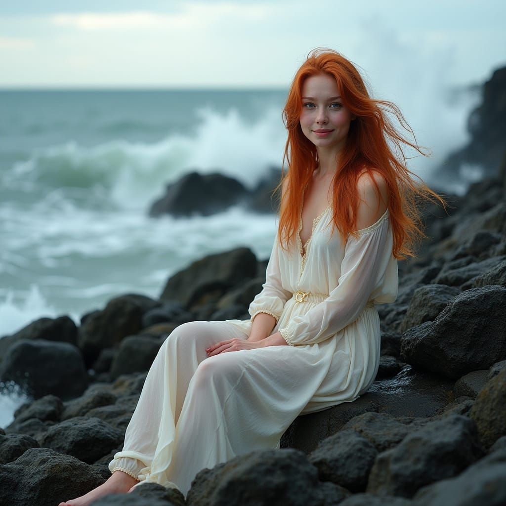 Hyperrealistic Redhead by the Sea: Cinematic Beauty