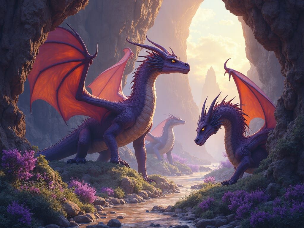 Dragons Living Harmoniously in Sunlit Cave