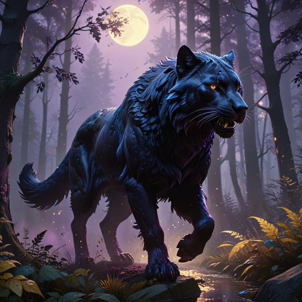 Majestic Panther-Wolf Hybrid in Mystical Forest