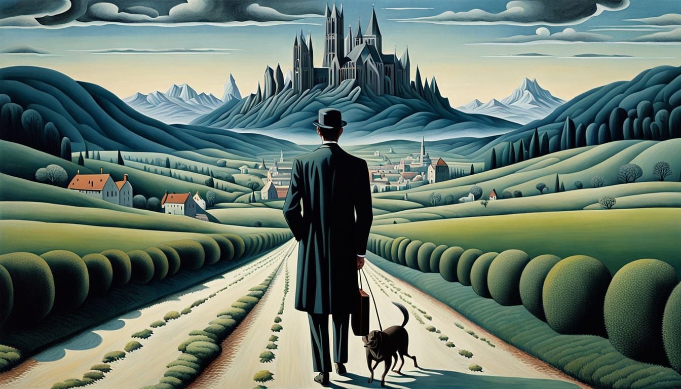 Jacques Brel in Surreal Landscape with Cathedral Mountains