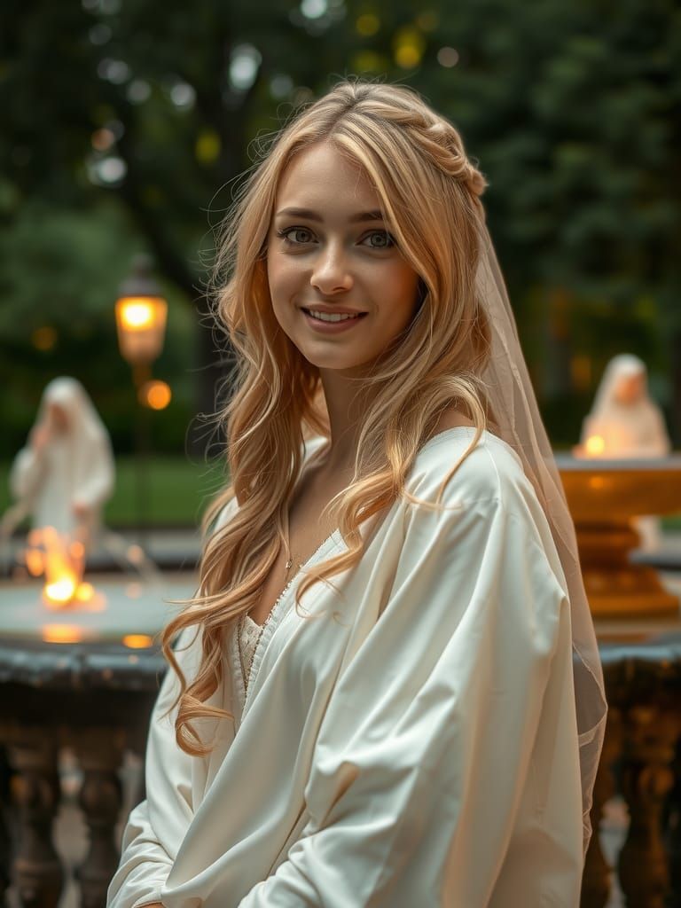 Renaissance Woman in Park: Oil Painting with Soft Lighting