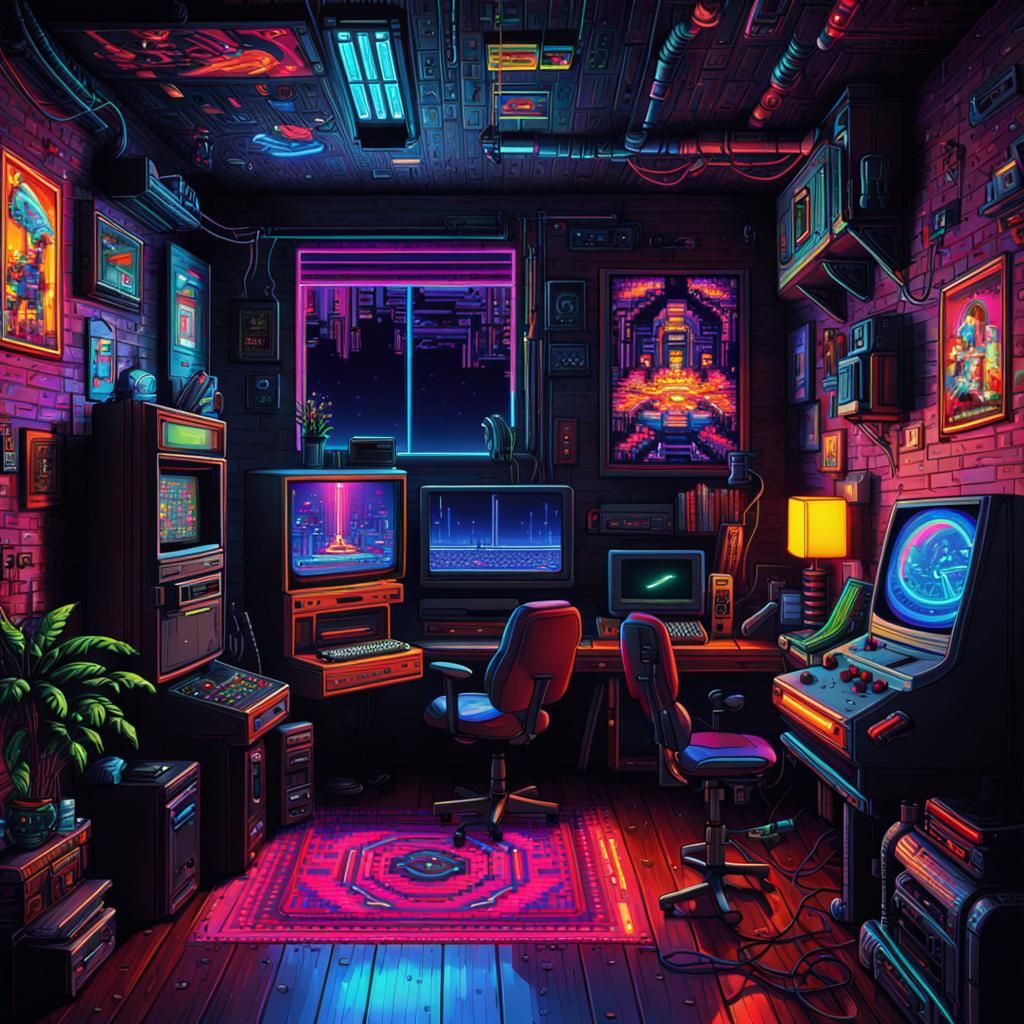 Vibrant Cyberpunk 1980s Pixel Art Gaming Room