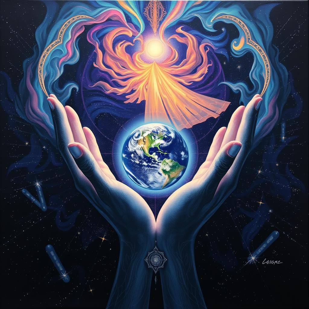 Divine Hands Cradling Planet in Deep Space
