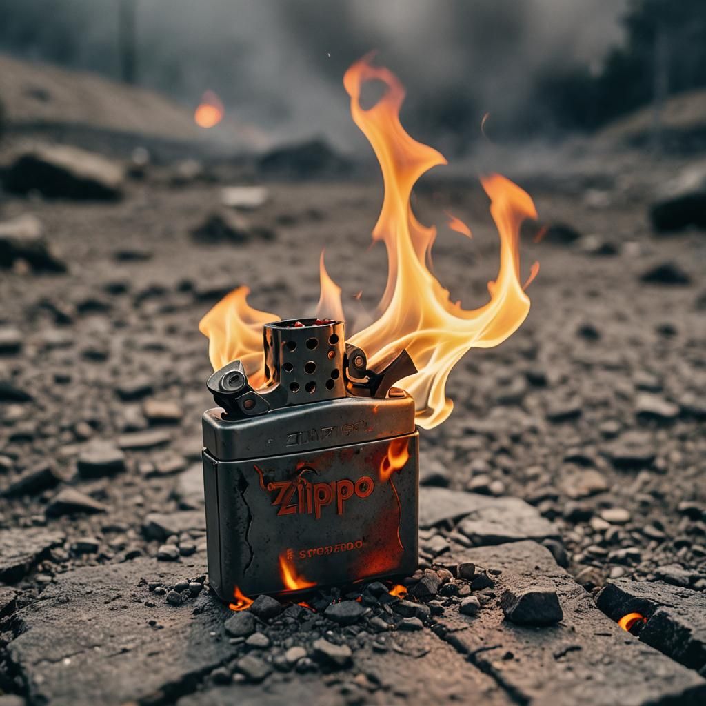 Zippo Lighter Igniting Gasoline: Cinematic Film Still