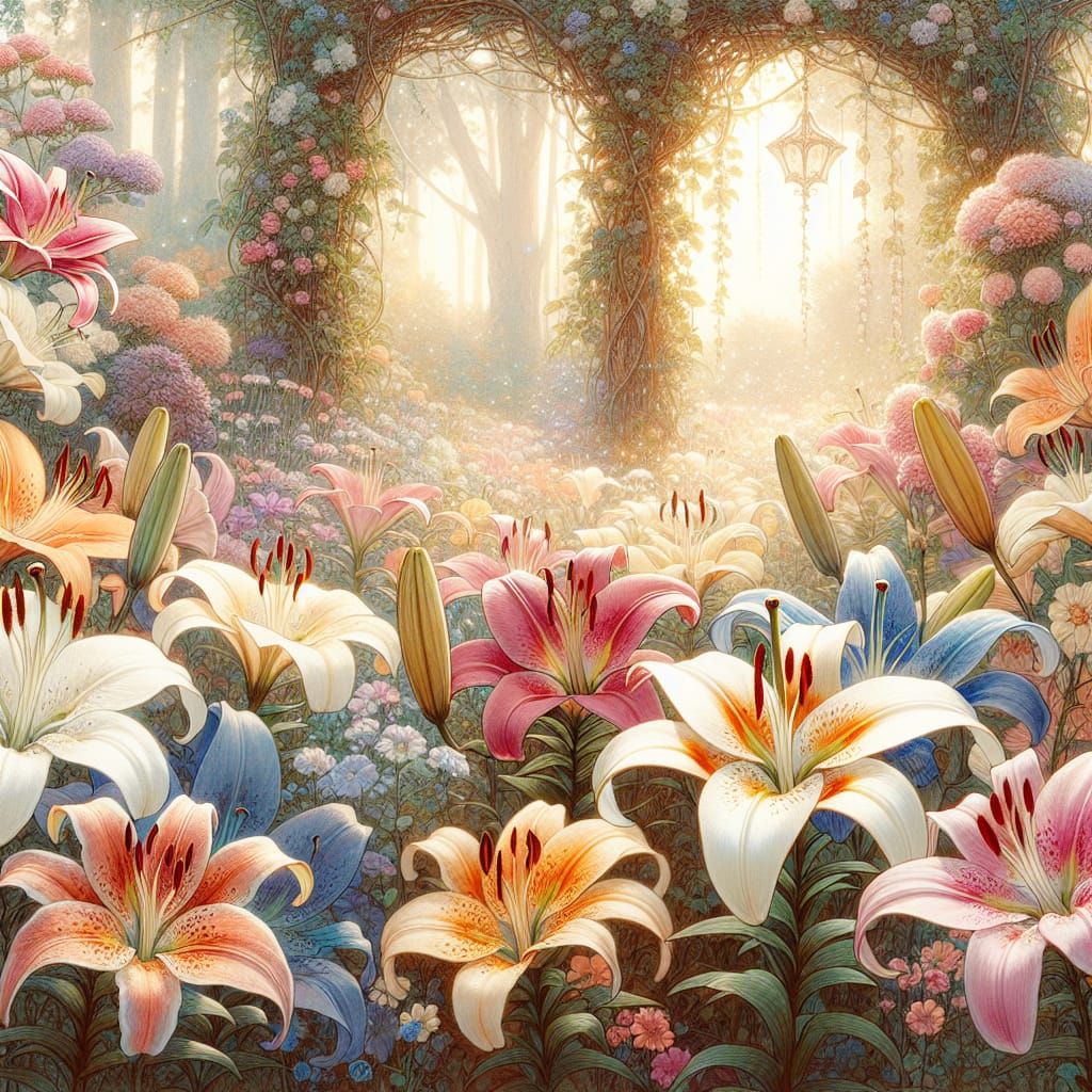 Enchanted Lily Garden in Magical Realism Style