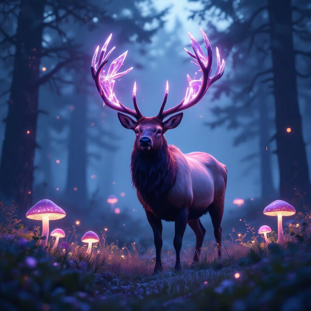 Amethyst Elk in Bioluminescent Forest, Digital Art