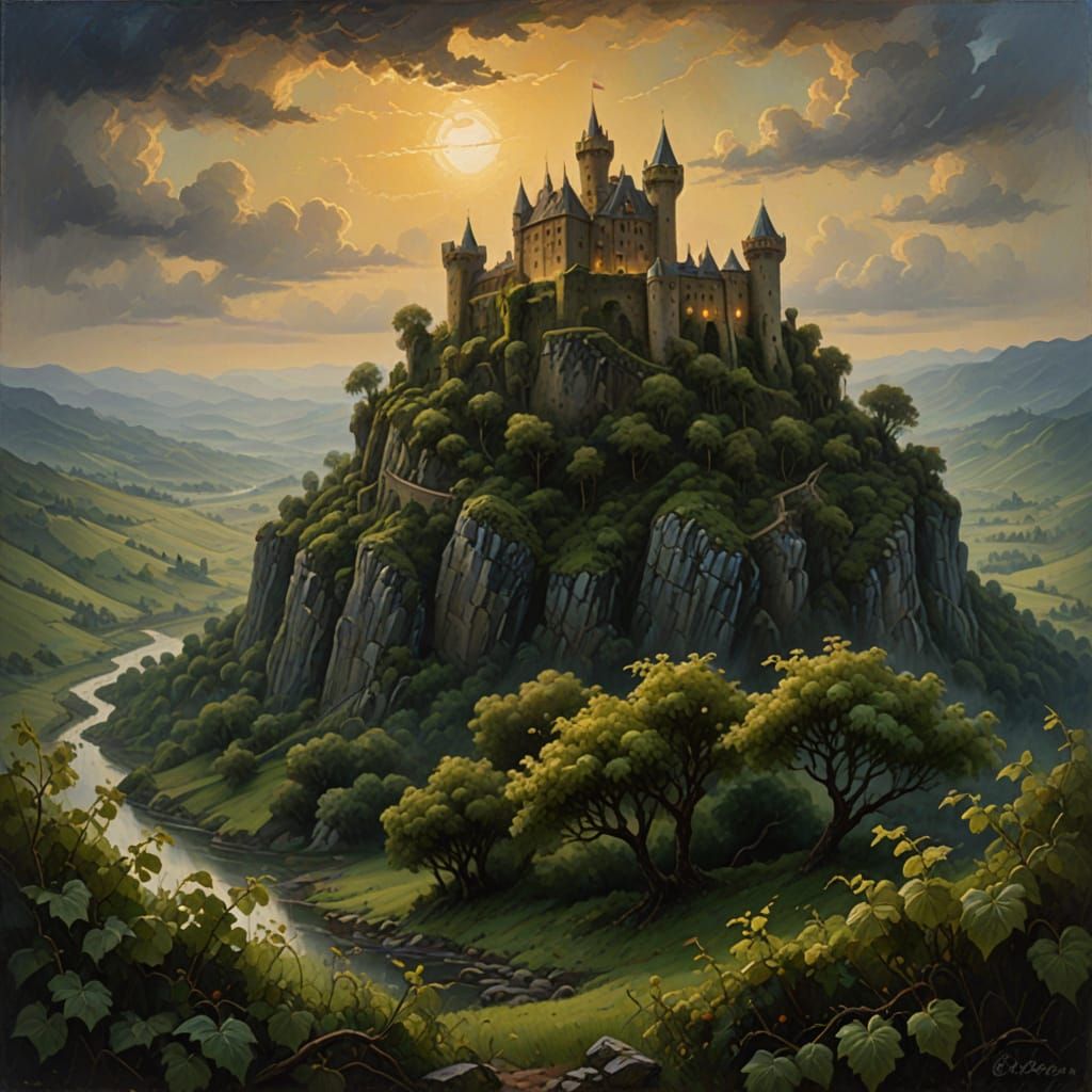 Medieval Castle Transformed by Nature in Oil Painting Style