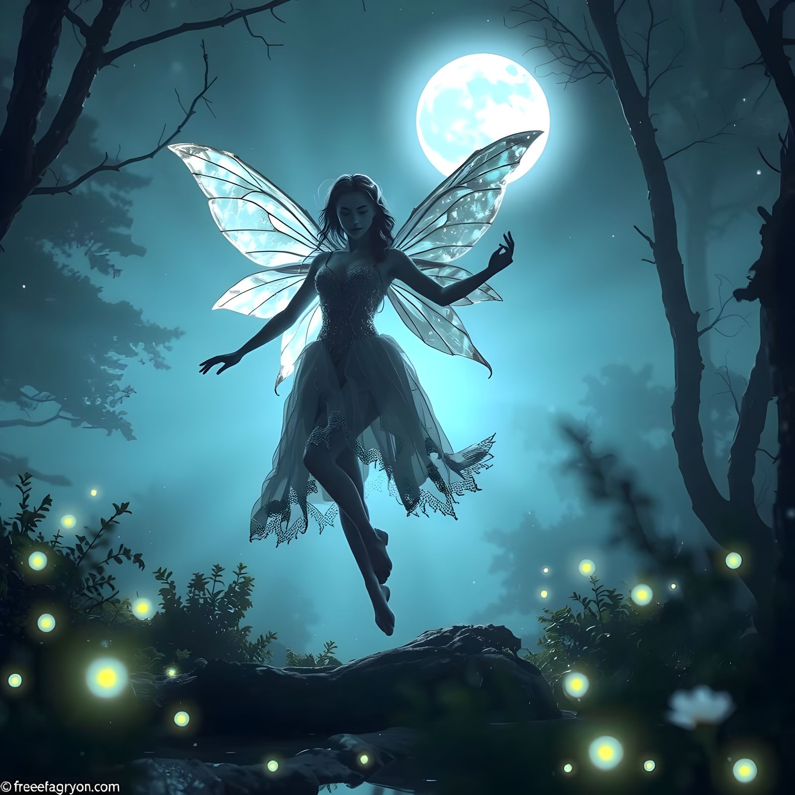 Crystal Fairy's Dance in Moonlit Forest: Ethereal Art