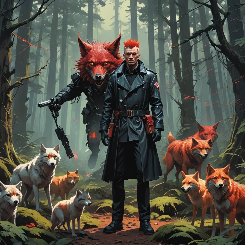 Cyberpunk Paramedic in Mystical Forest with Wolves and Fairi...