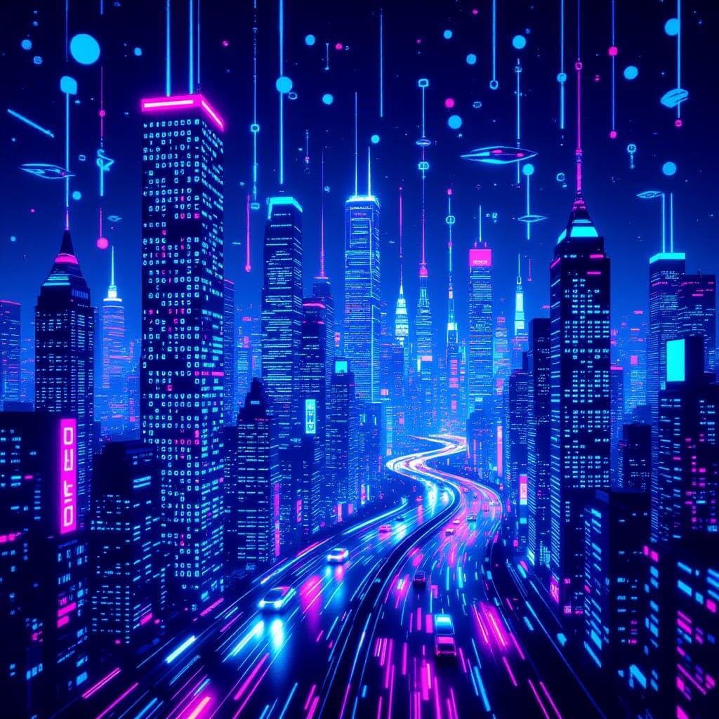 Abstract Digital Cityscape of Binary Code Skyscrapers