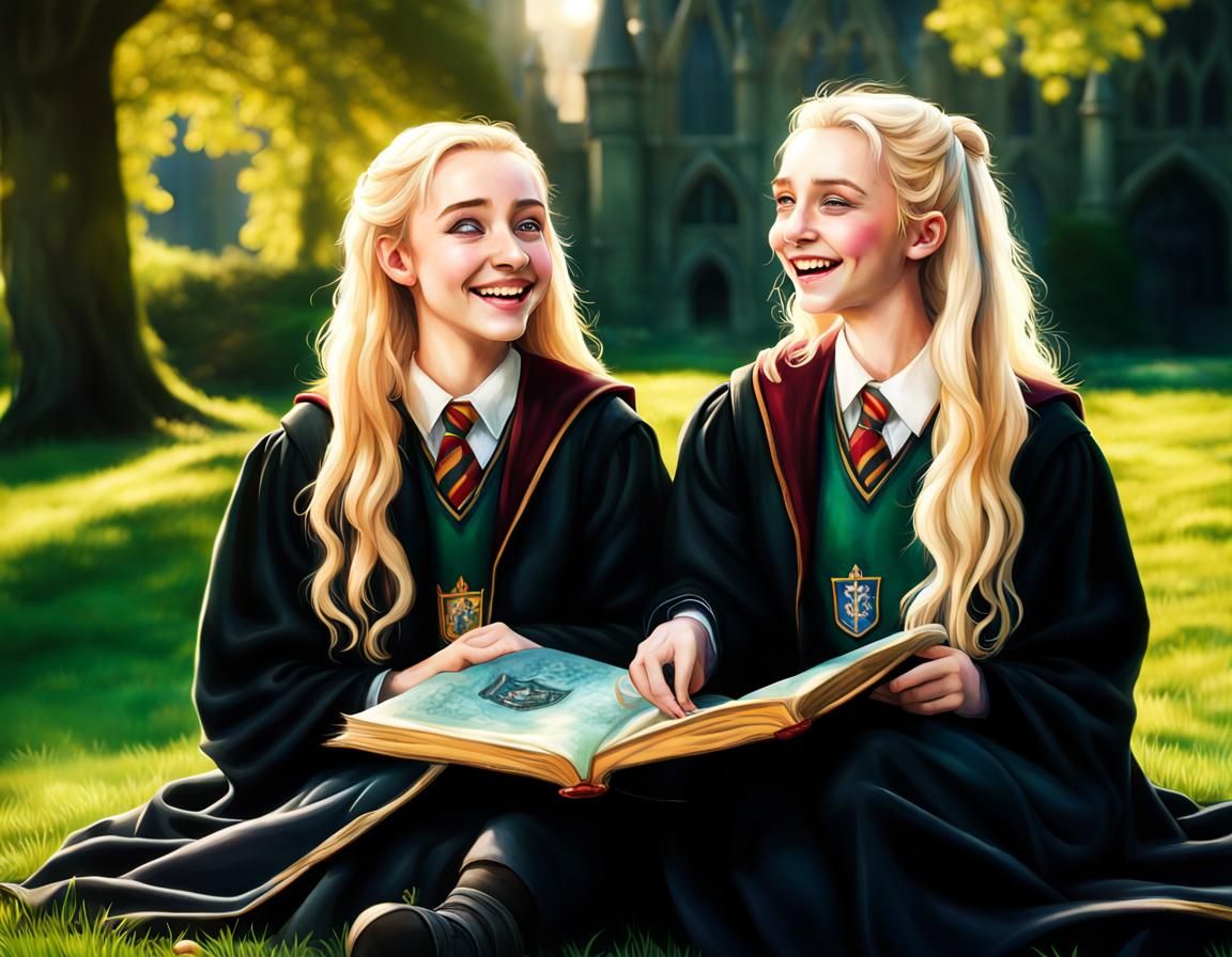 Neville and Luna Laughing at Hogwarts, by Ingrid Baars