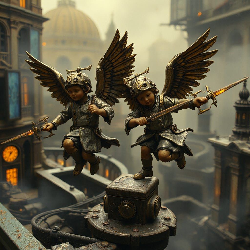 Steampunk Cherubs Wage War in Ruined City