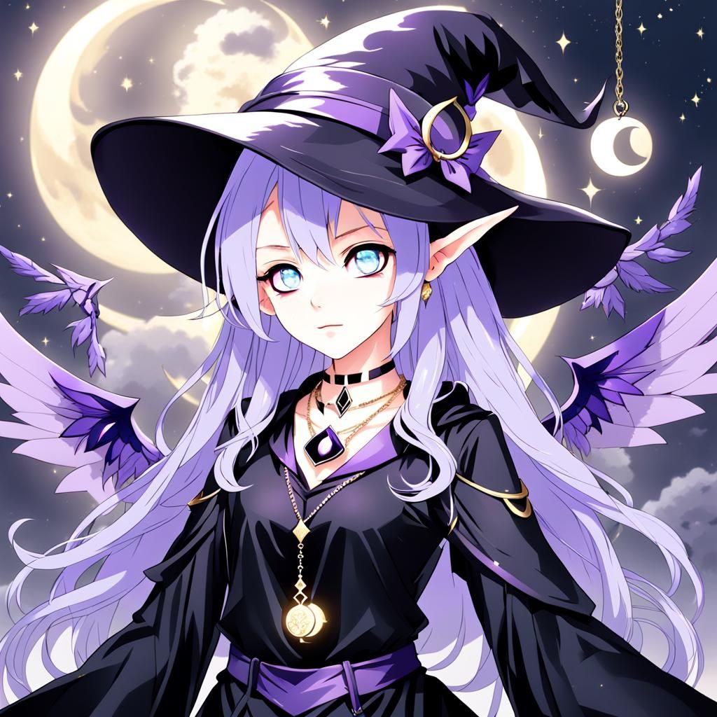 Anime Girl with Witch Hat and Moon Pendant