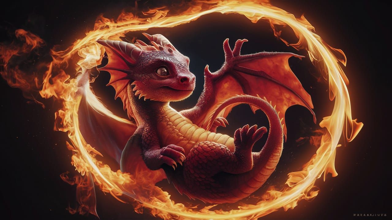 Playful Baby Dragon in Fiery Digital Art