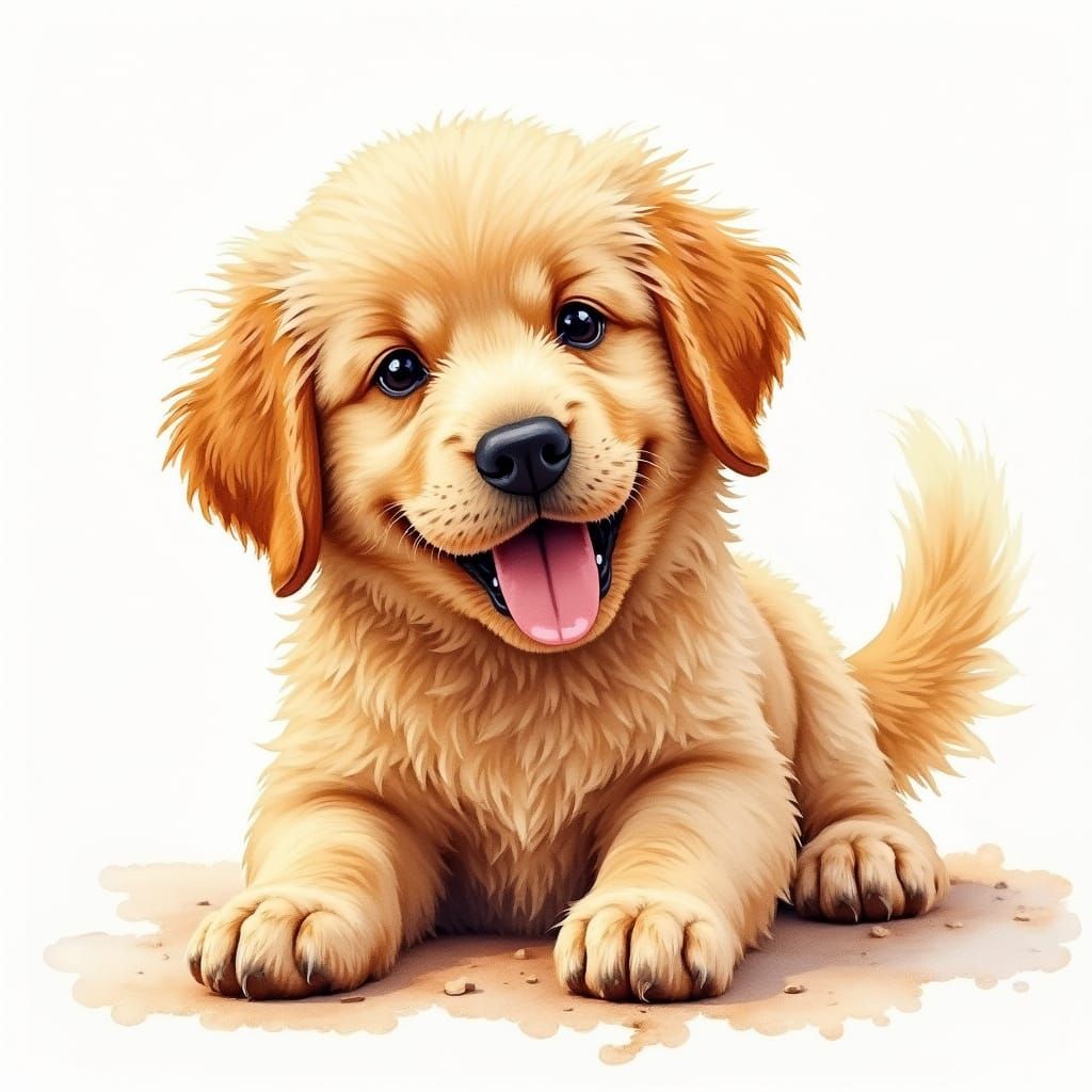 Fluffy Golden Retriever in Expressive Watercolor Style
