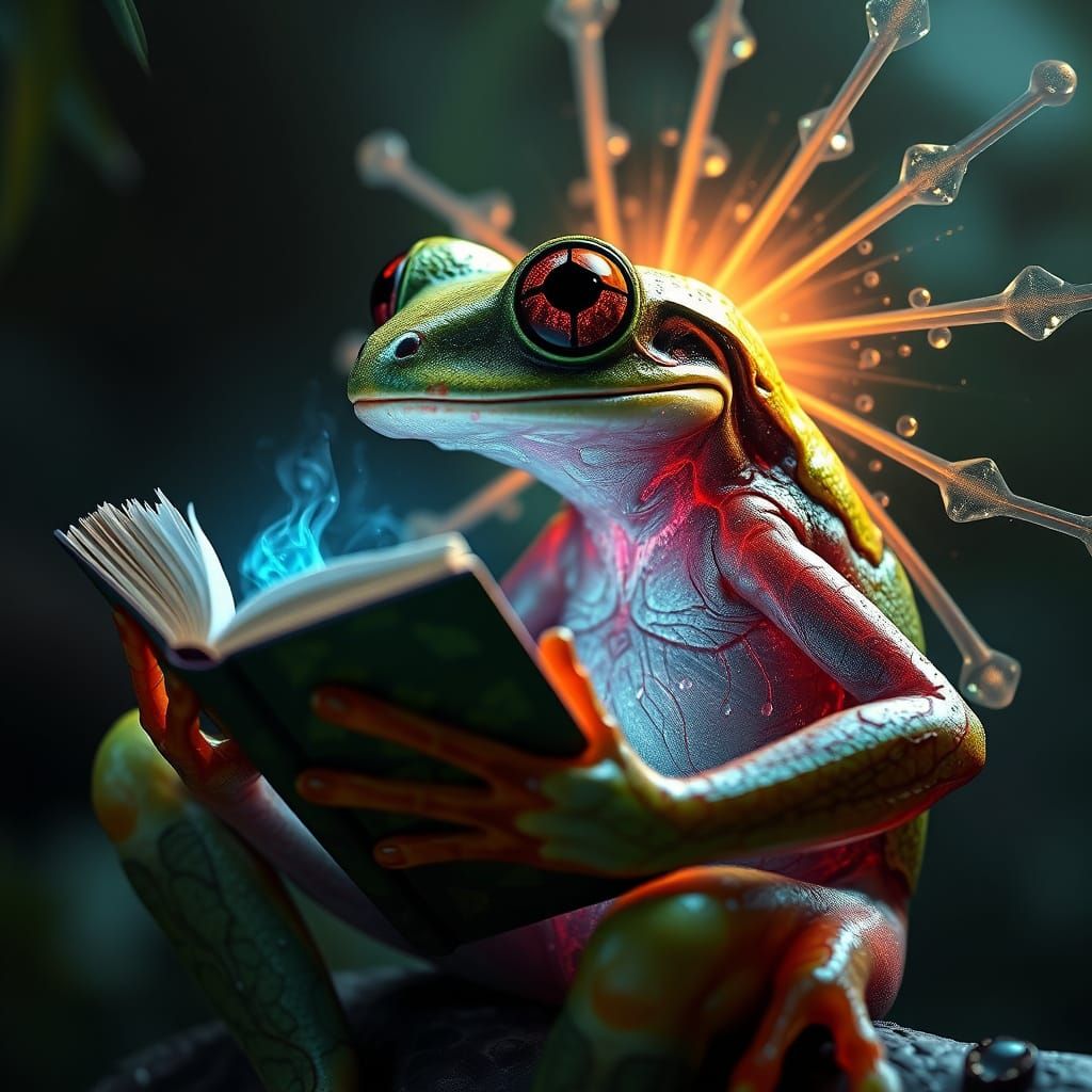 Radiant Poison Dart Frog Reads, Dark Fantasy Art