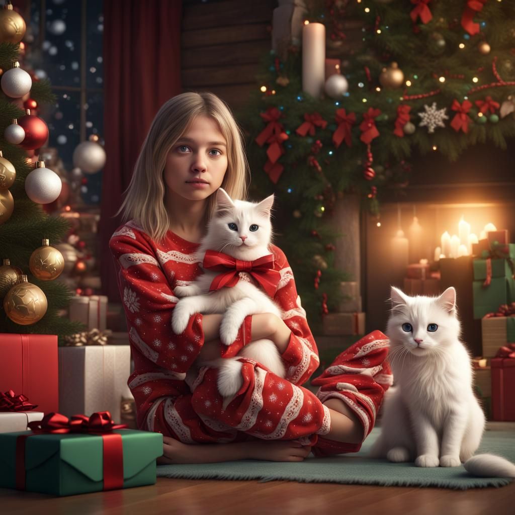Girl with Cat in Christmas Pajamas Art