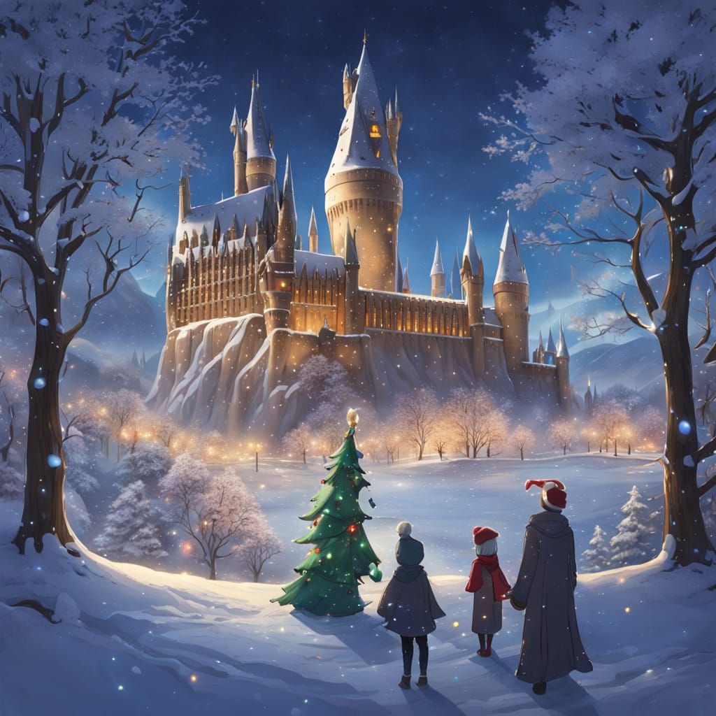 Whimsical Anime-Style Hogwarts Castle Winter Wonderland Scen...