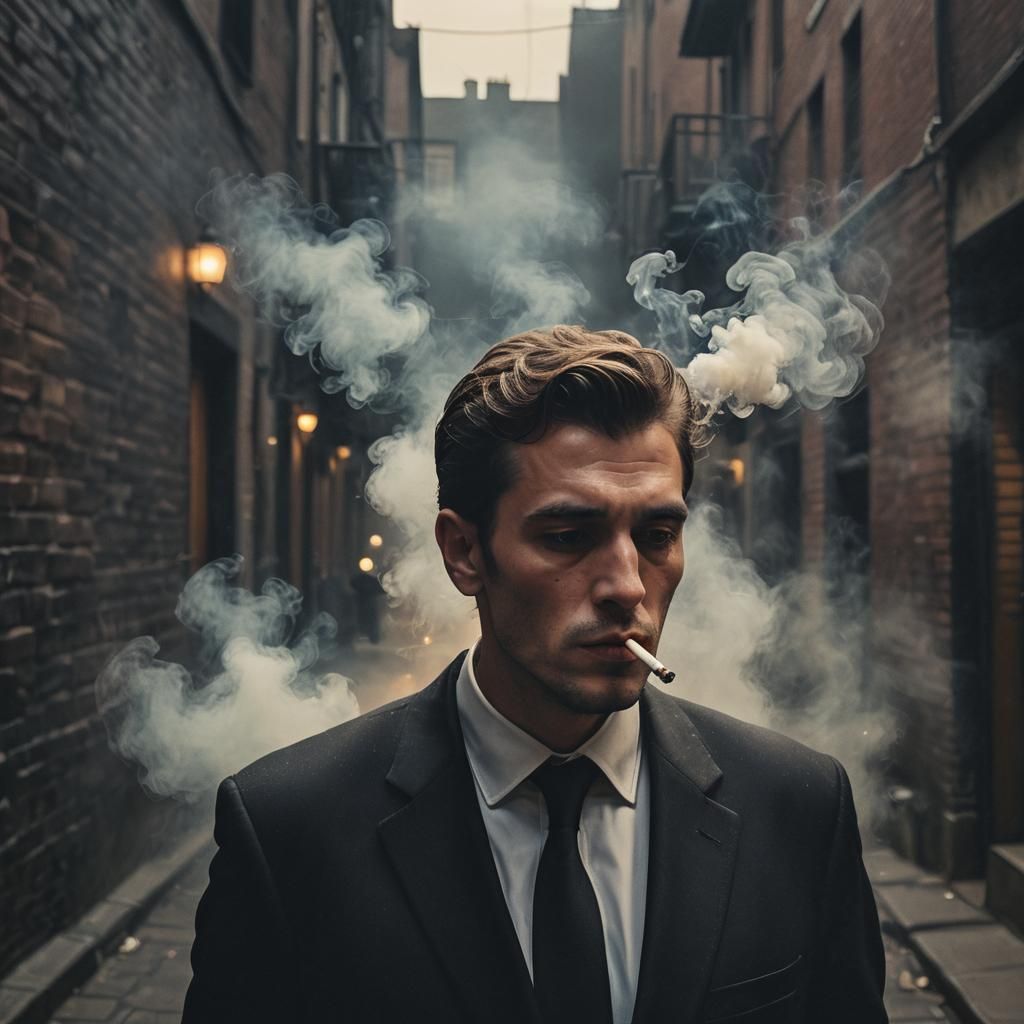 Moody Portrait of Man Smoking in Foggy Alleyway
