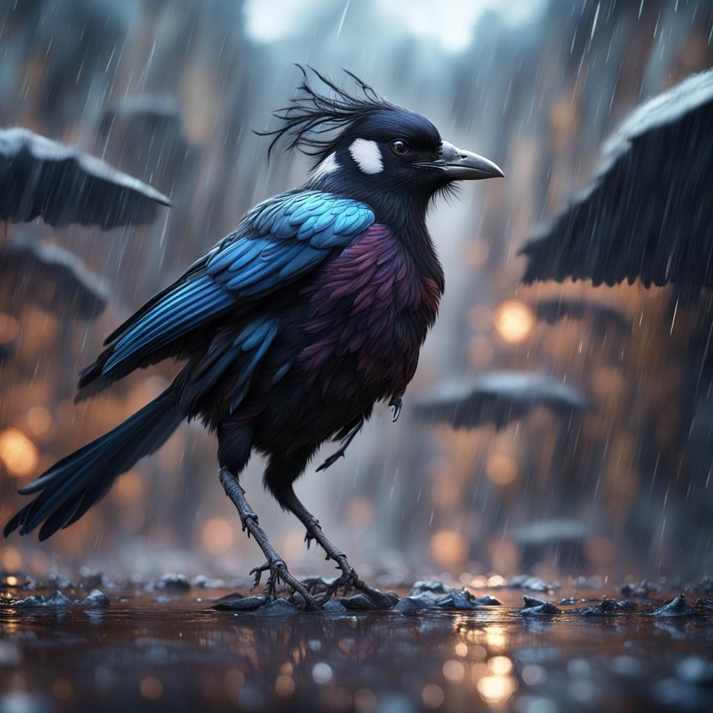 Aggressive Magpie in Rain: Detailed Matte Painting