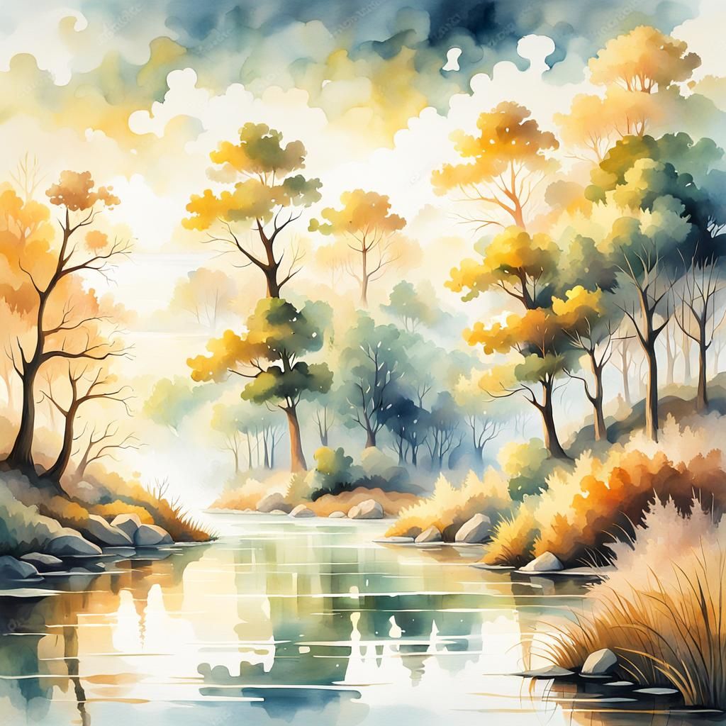 Serene Valley River in Watercolor Style