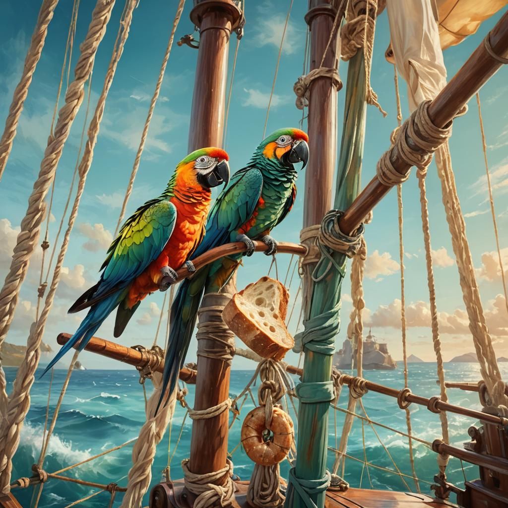 Parrot on Mast Feeding Fish: Impressionist Nautical Art