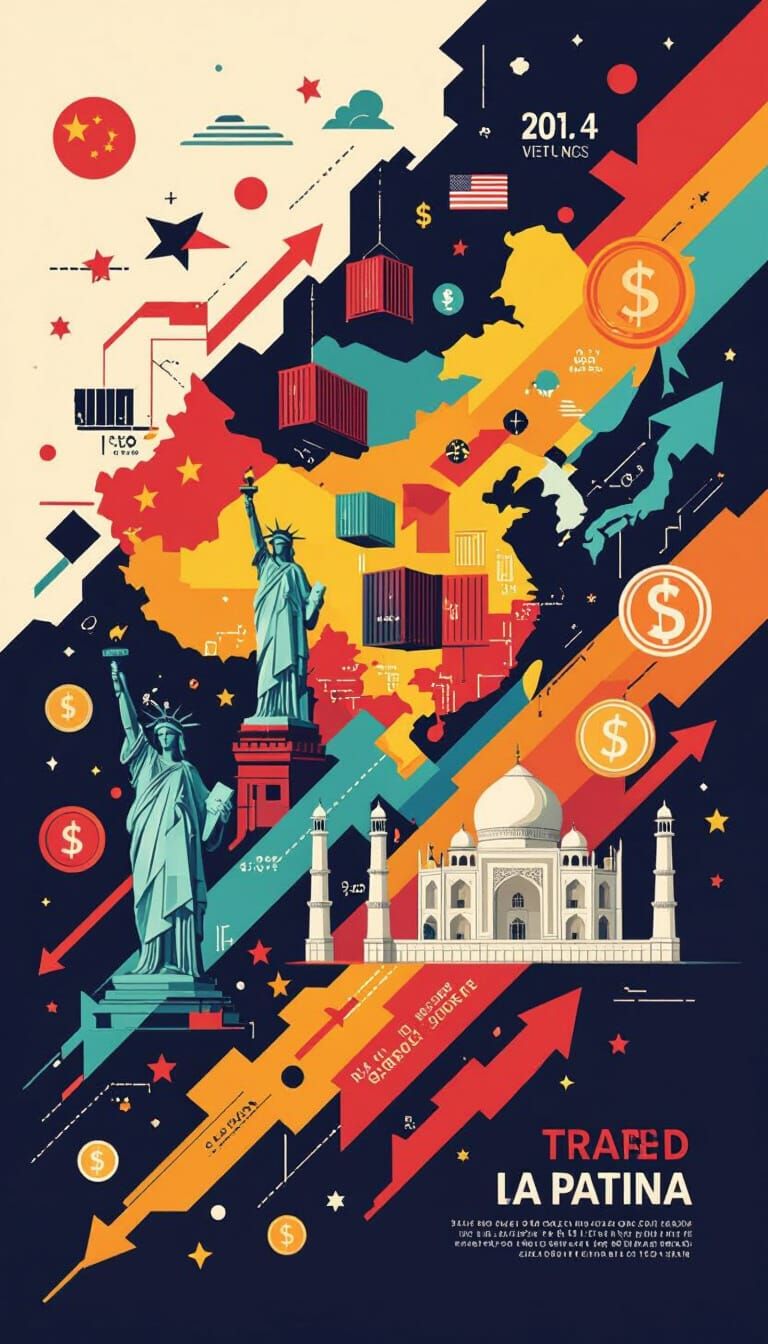 Modern Poster of Global Trade Tariffs: USA, China, India