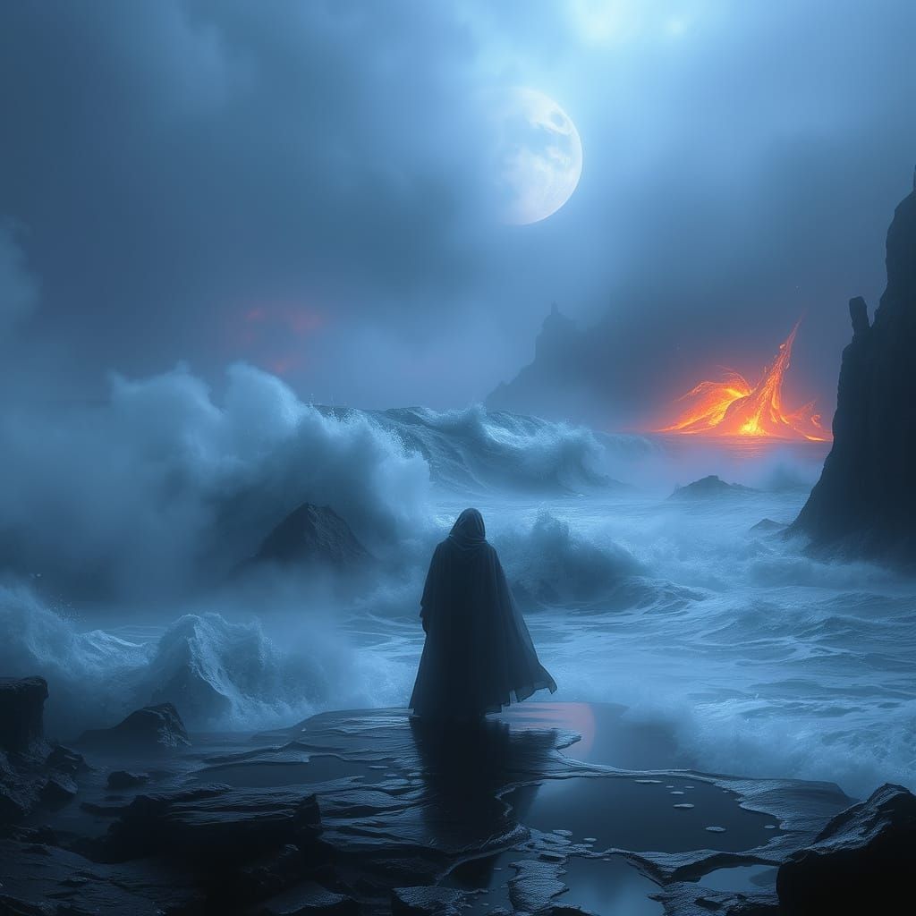 Mystical Figure at Ocean's Edge in Dark Fantasy Style