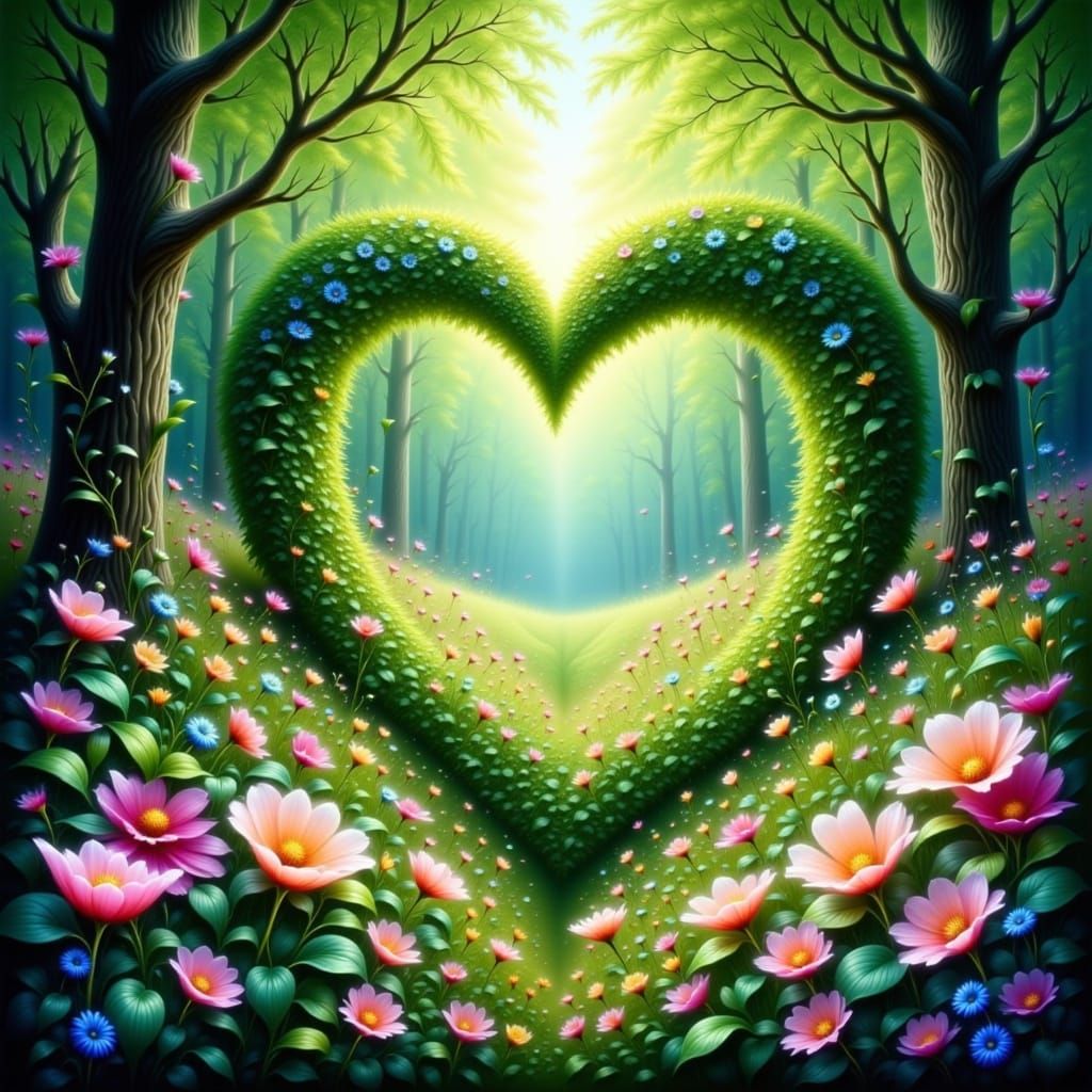 Whimsical Heart-Shaped Clearing in Vibrant Spring Landscape