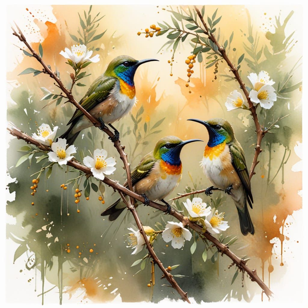 Sunbird Chicks in Apricot Acacia at Dawn