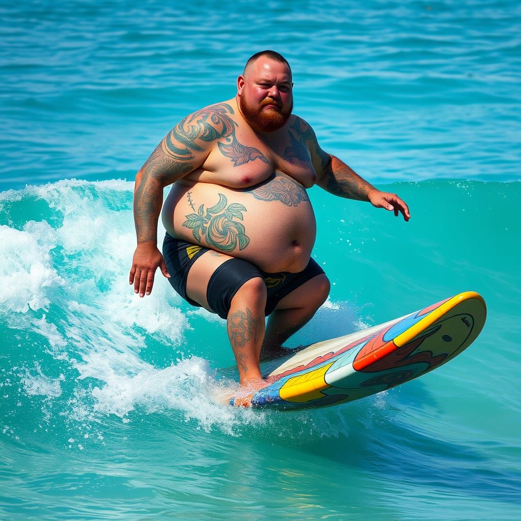 Surfer Dude Rides Caribbean Wave: Psychedelic Digital Art