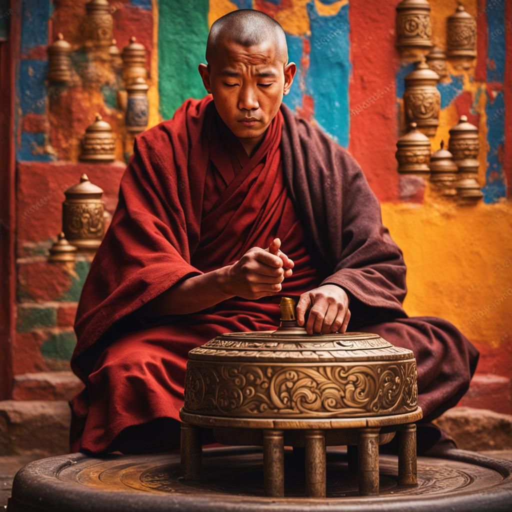 Tibetan Monk and Prayer Wheel, Hyperrealistic Art