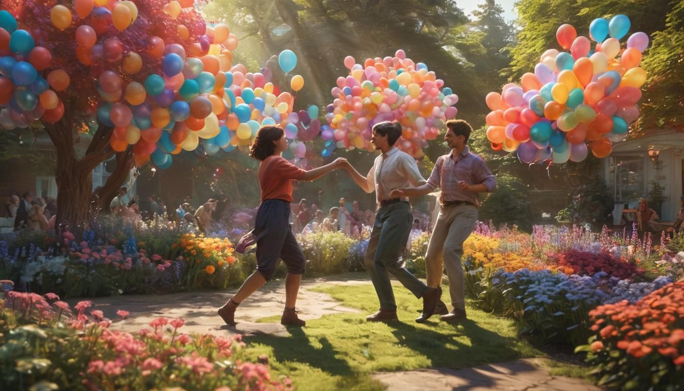 People Dancing in a Vibrant Garden, Hyper-Realistic Style
