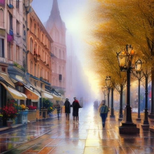 Rainy Morning City Street Watercolor Painting