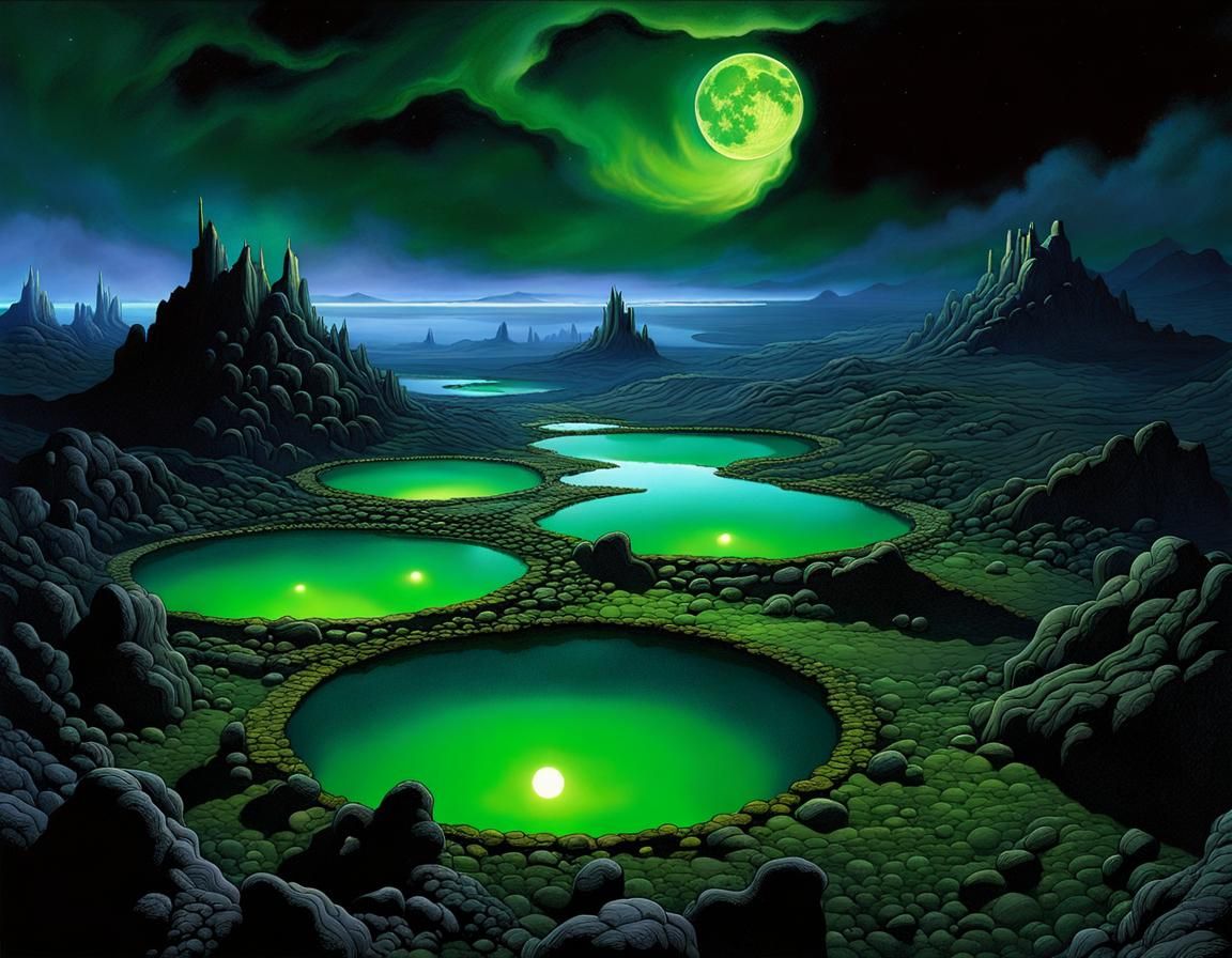 Grimdark Wasteland with Acid Pools at Night