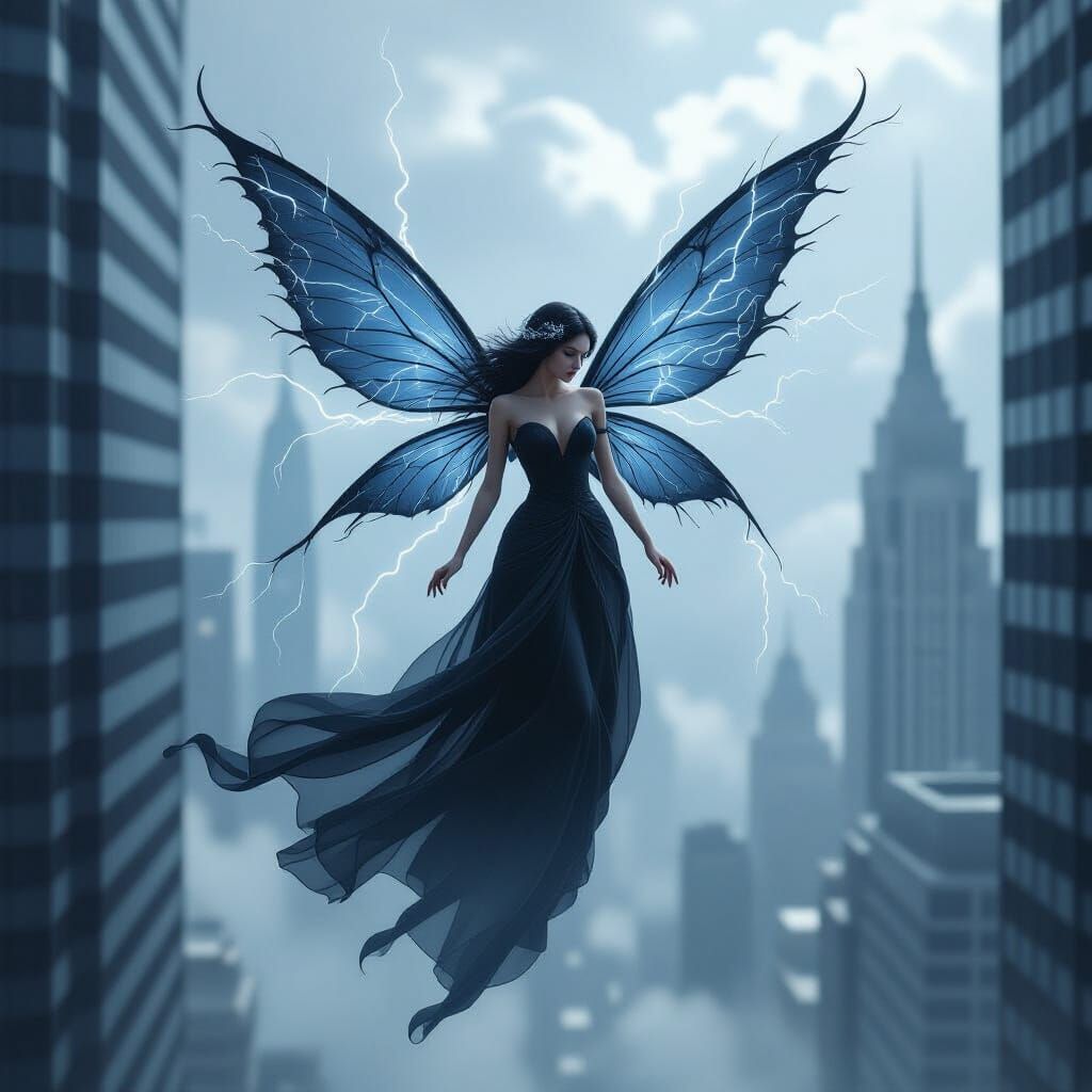 Storm Cloud Fairy in Cyberpunk Cityscape