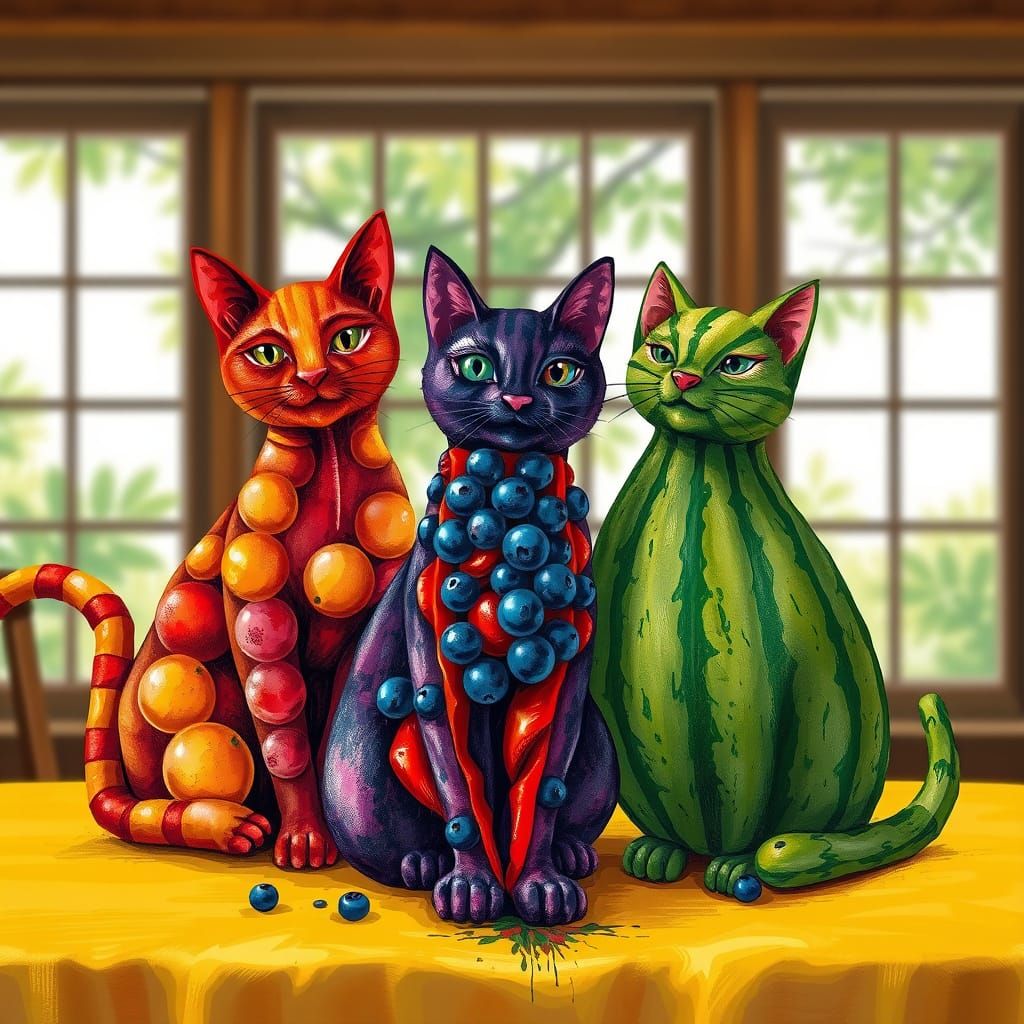 Vibrant Feline Fruits in Graffiti Art Style