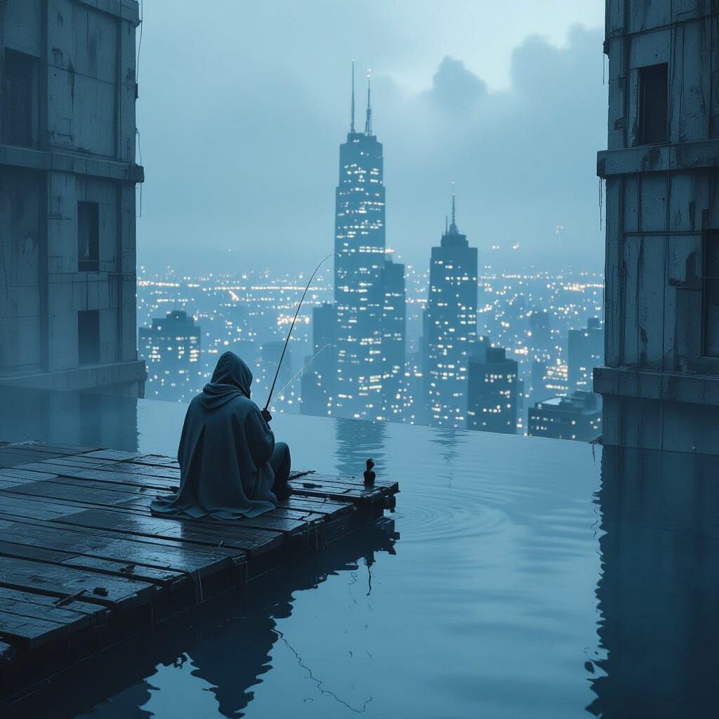 Figure Fishing on Skyscraper Rooftop in Melancholic Style