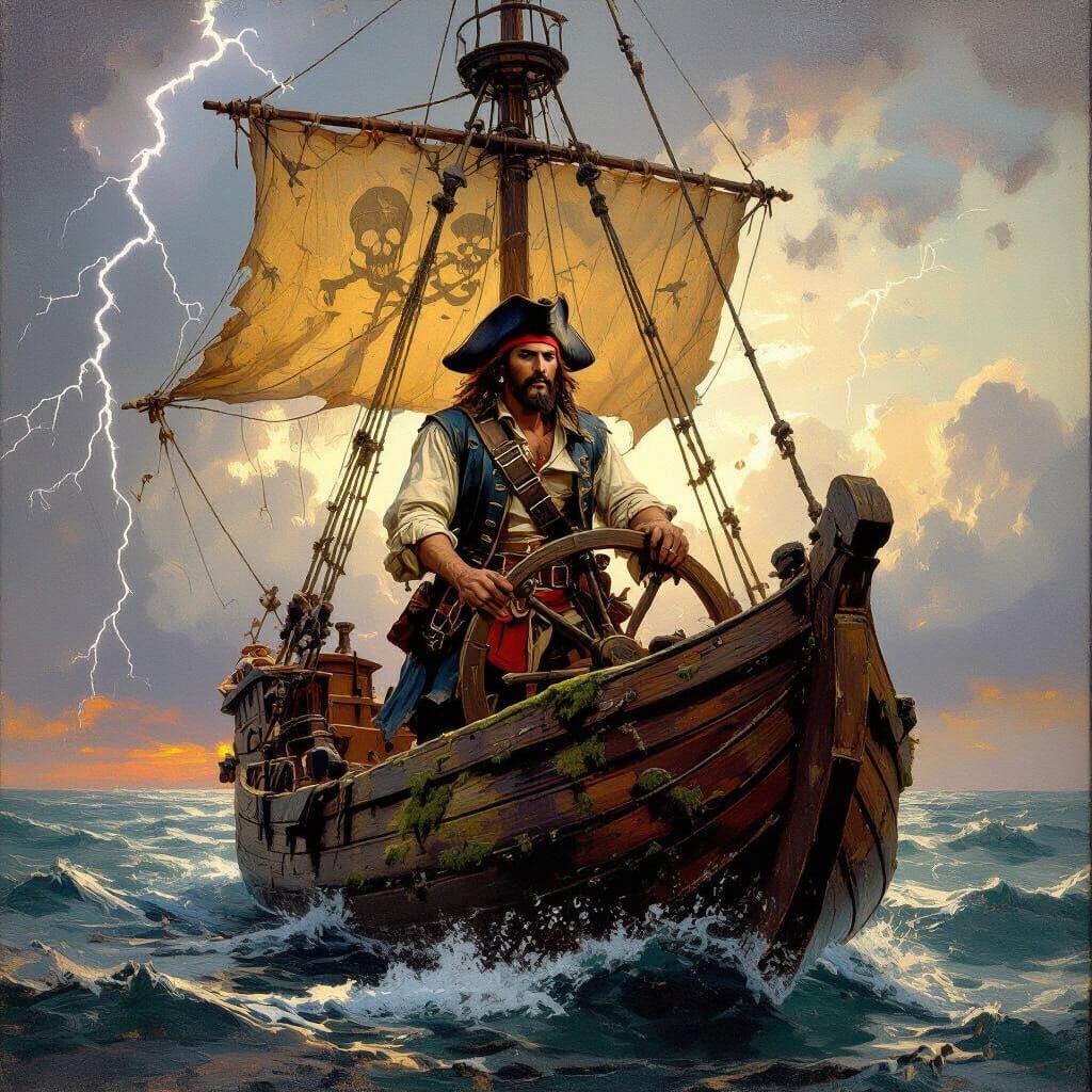 Pirate Ship at Stormy Sea as an Oil Painting