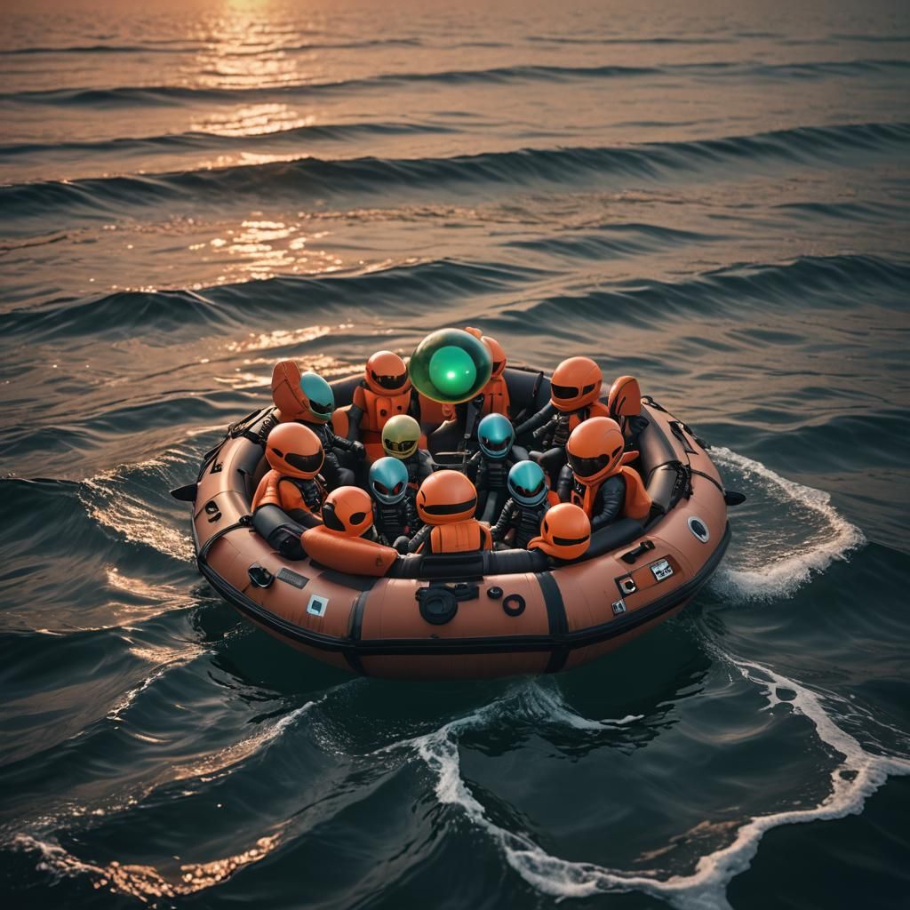 Sunset Rescue: Cute Aliens Adrift in Lifeboat
